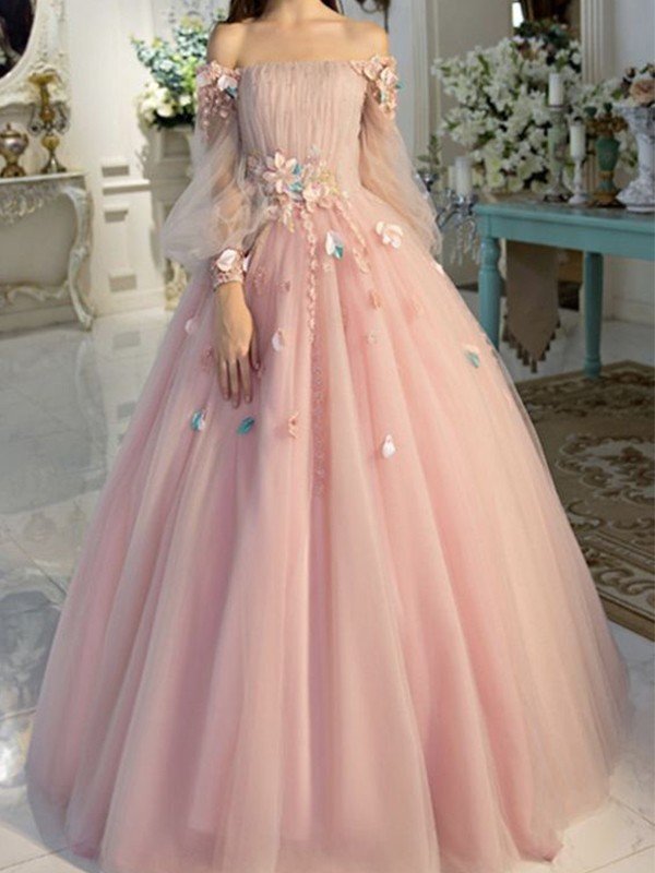 Abito da ballo con scollo a barca, tulle, maniche lunghe, fiori fatti a mano, abito da sera lungo fino a terra