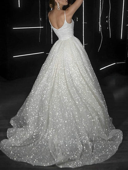 Vestido de fiesta de baile, vestido brillante, vestido de fiesta de boda, cola de corte, sin mangas, tirantes finos, tul con lentejuelas