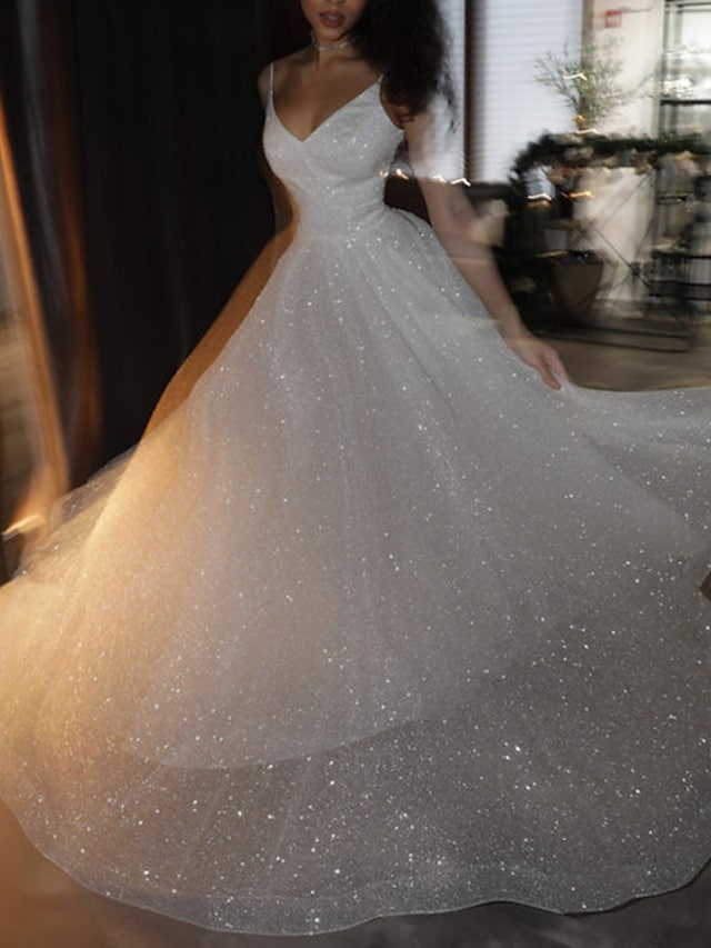 Robe de bal Robes de soirée Robe scintillante Robe de mariage Fête Traîne de cour Sans manches Bretelles fines en tulle avec paillettes