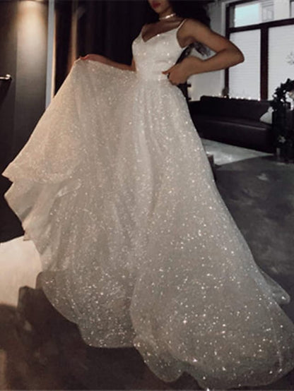 Vestido de fiesta de baile, vestido brillante, vestido de fiesta de boda, cola de corte, sin mangas, tirantes finos, tul con lentejuelas
