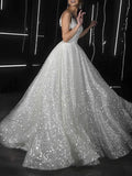 Robe de bal Robes de soirée Robe scintillante Robe de mariage Fête Traîne de cour Sans manches Bretelles fines en tulle avec paillettes