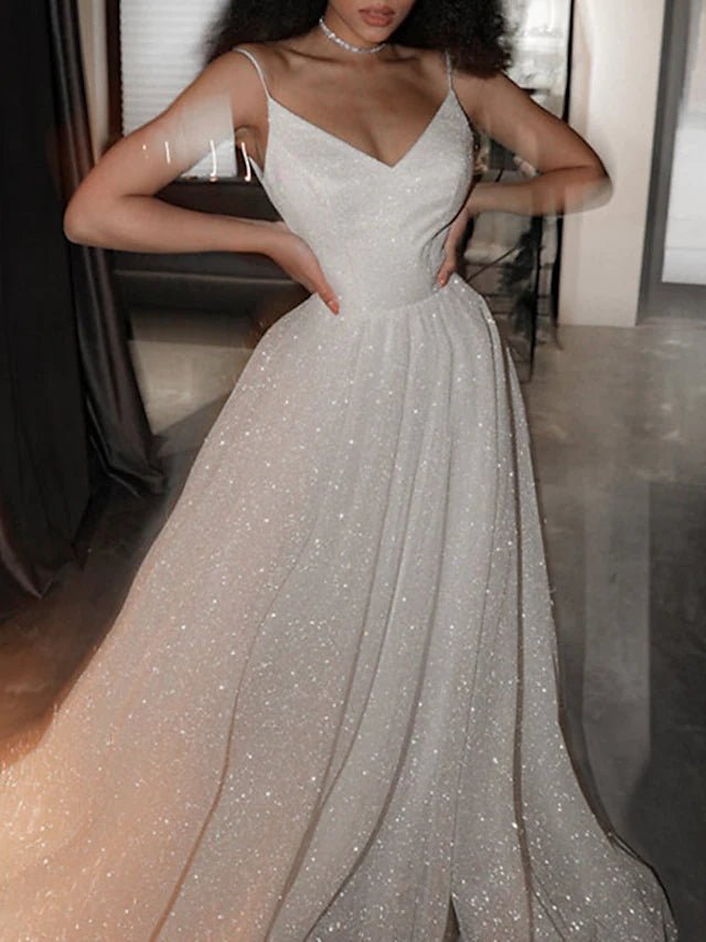 Vestido de fiesta de baile, vestido brillante, vestido de fiesta de boda, cola de corte, sin mangas, tirantes finos, tul con lentejuelas