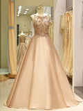 Robe de bal sans manches en satin avec perles et encolure bateau