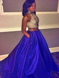 Robe de bal sans manches à col licou avec perles en taffetas, robe de bal deux pièces