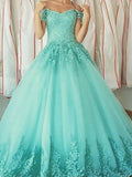 Robe de bal sans manches à épaules dénudées avec appliqué, longue jusqu'au sol en tulle pour bal de fin d'année