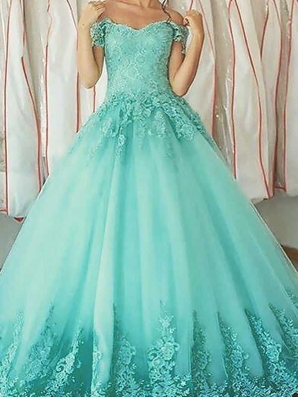 Robe de bal sans manches à épaules dénudées avec appliqué, longue jusqu'au sol en tulle pour bal de fin d'année