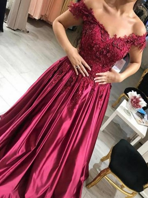 Robe de bal sans manches à épaules dénudées avec appliqué en satin longue jusqu'au sol pour bal de fin d'année