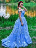 Robe de bal sans manches à épaules dénudées avec appliques en tulle pour bal de fin d'année