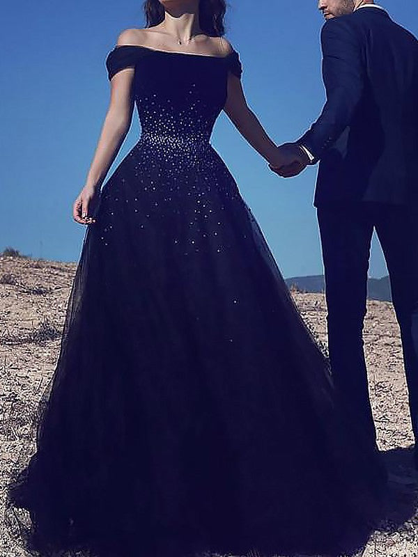 Robe de bal sans manches à épaules dénudées avec perles en tulle pour bal de fin d'année
