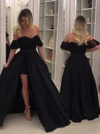 Robe de bal sans manches à épaules dénudées en dentelle et satin pour soirée