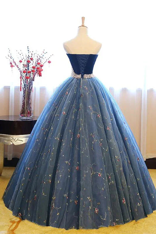 Robe de bal bustier brodée perles bleu foncé robe de soirée formelle