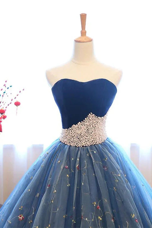 Robe de bal bustier brodée perles bleu foncé robe de soirée formelle