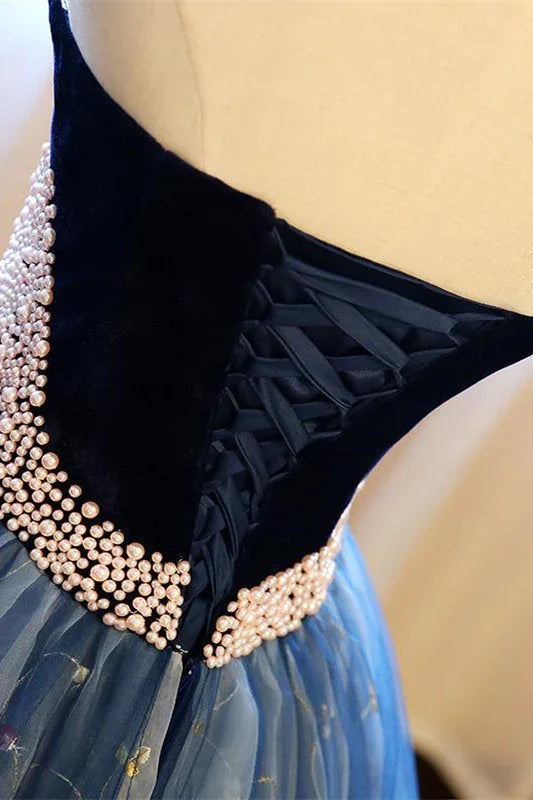 Robe de bal bustier brodée perles bleu foncé robe de soirée formelle
