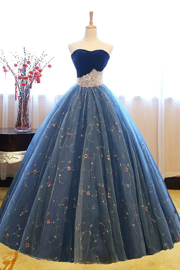 Robe de bal bustier brodée perles bleu foncé robe de soirée formelle