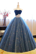 Robe de bal bustier brodée perles bleu foncé robe de soirée formelle