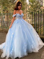 Robe de bal en tulle avec appliques, épaules dénudées, sans manches, robe de bal