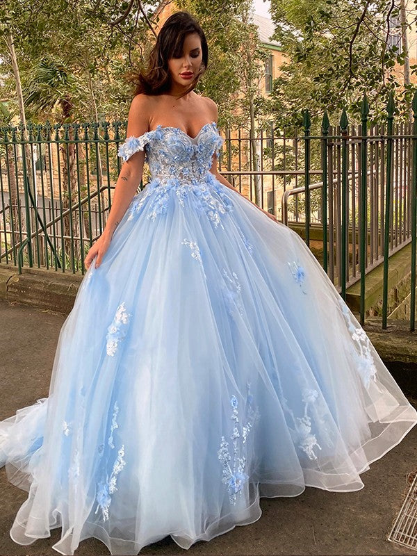Robe de bal en tulle avec appliques, épaules dénudées, sans manches, robe de bal