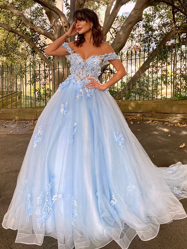 Robe de bal en tulle avec appliques, épaules dénudées, sans manches, robe de bal