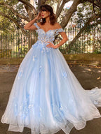 Robe de bal en tulle avec appliques, épaules dénudées, sans manches, robe de bal