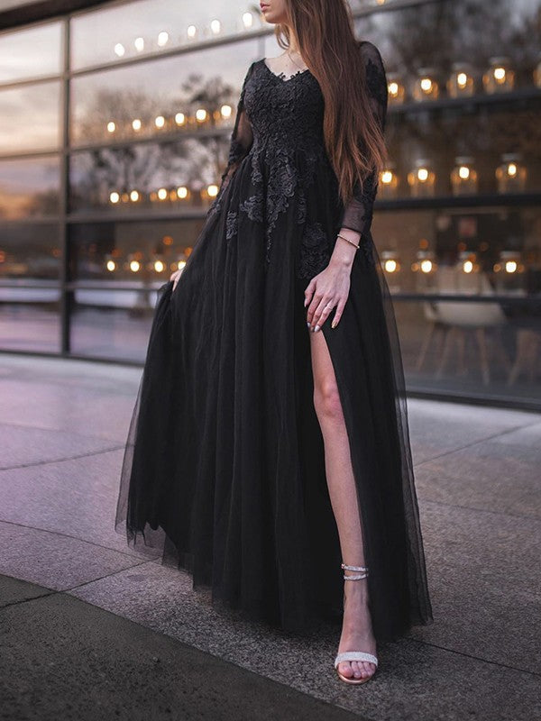 Abito da ballo in tulle con maniche lunghe, applicazioni, scollo a spalle scoperte, lungo fino a terra per serate di gala