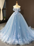 Robe de bal en tulle, épaules dénudées, sans manches, ornée d'appliques, robe de bal