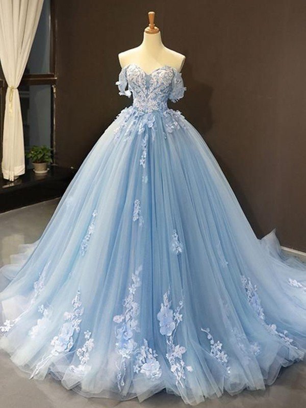 Robe de bal en tulle, épaules dénudées, sans manches, ornée d'appliques, robe de bal