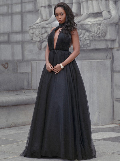 Vestido de fiesta de tul con volantes, escote en V, sin mangas, cola de corte