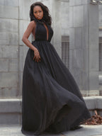 Robe de bal en tulle à volants, col en V, sans manches, traîne courte, robe de soirée