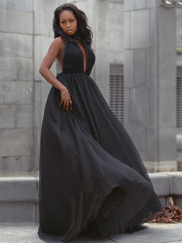 Robe de bal en tulle à volants, col en V, sans manches, traîne courte, robe de soirée