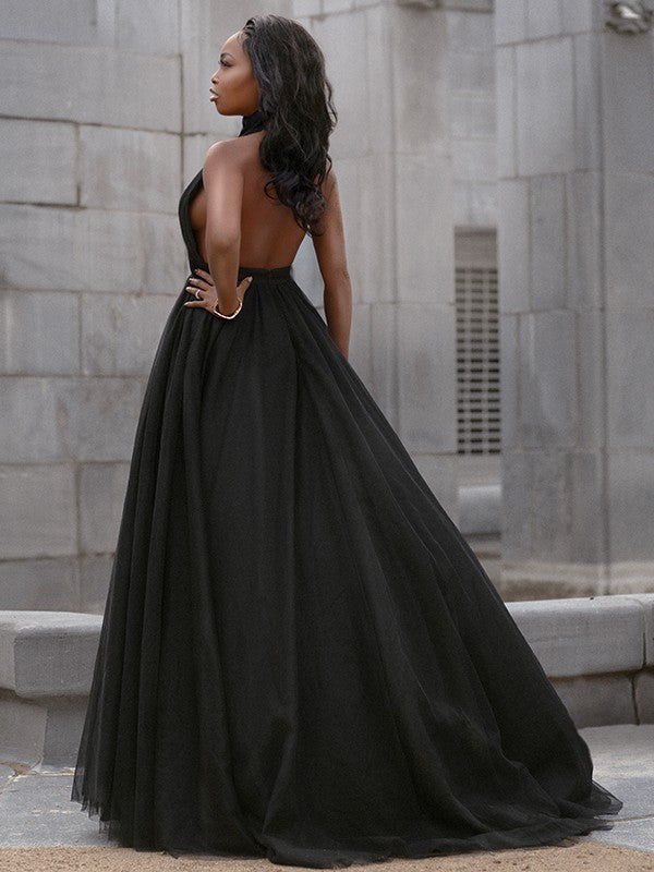 Robe de bal en tulle à volants, col en V, sans manches, traîne courte, robe de soirée