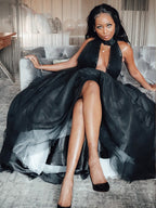 Robe de bal en tulle à volants, col en V, sans manches, traîne courte, robe de soirée
