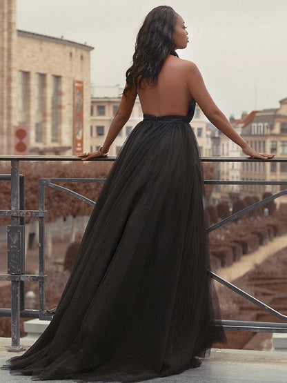 Vestido de fiesta de tul con volantes, escote en V, sin mangas, cola de corte