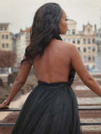 Robe de bal en tulle à volants, col en V, sans manches, traîne courte, robe de soirée