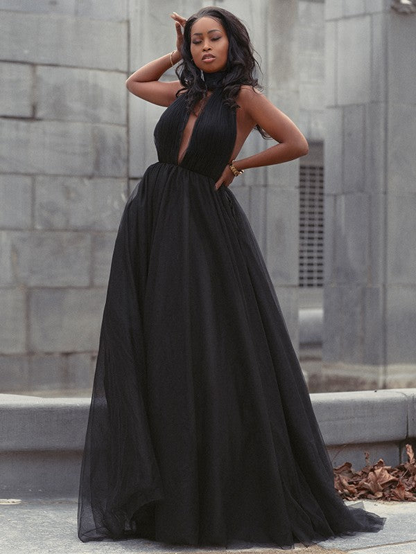 Robe de bal en tulle à volants, col en V, sans manches, traîne courte, robe de soirée