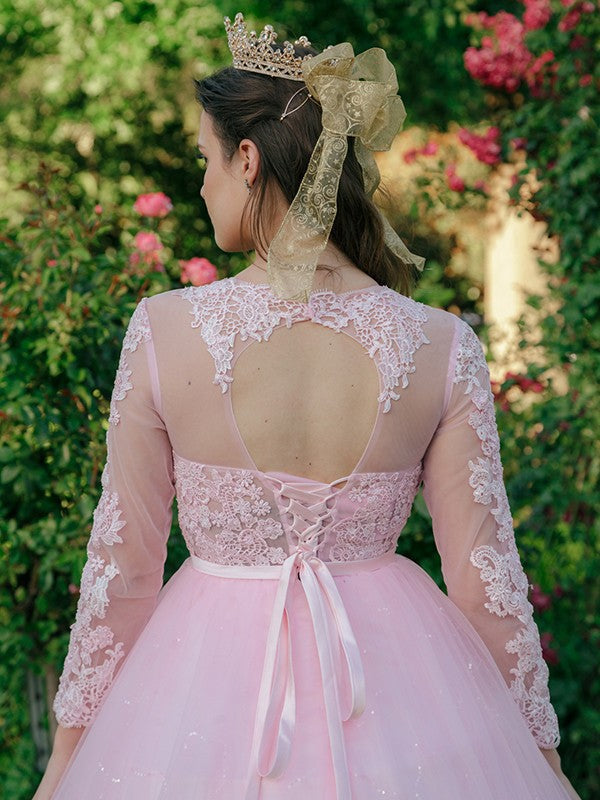 Abito da ballo in tulle con scollo a U, pizzo e maniche lunghe per cerimonie