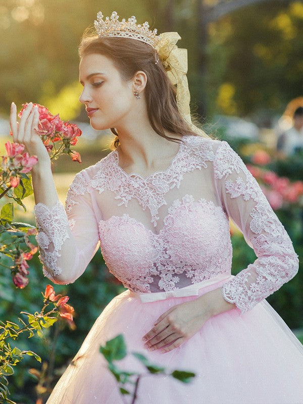 Abito da ballo in tulle con scollo a U, pizzo e maniche lunghe per cerimonie