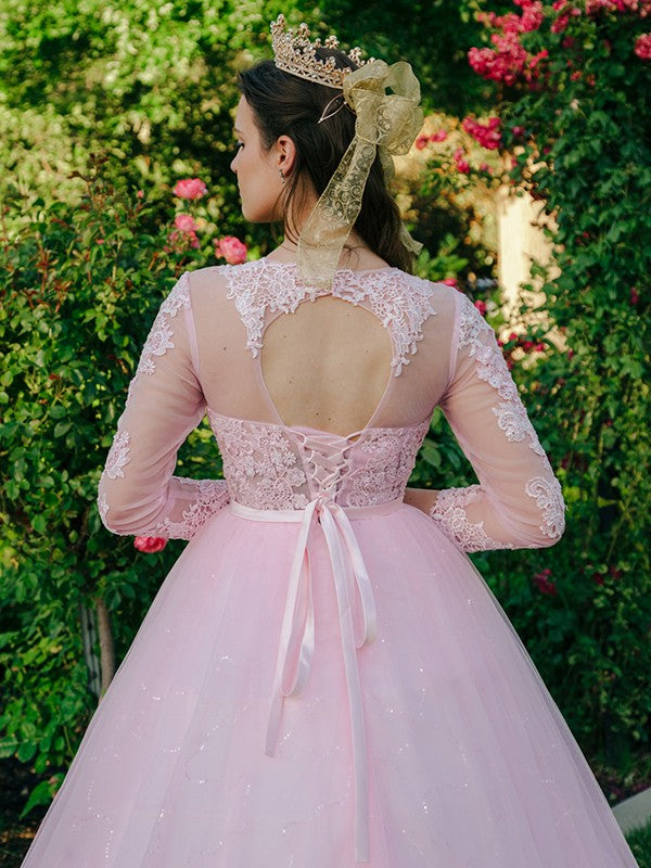 Abito da ballo in tulle con scollo a U, pizzo e maniche lunghe per cerimonie