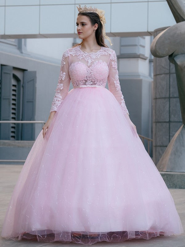 Abito da ballo in tulle con scollo a U, pizzo e maniche lunghe per cerimonie