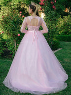 Abito da ballo in tulle con scollo a U, pizzo e maniche lunghe per cerimonie