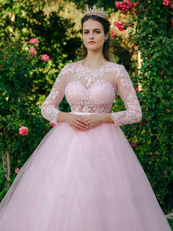 Abito da ballo in tulle con scollo a U, pizzo e maniche lunghe per cerimonie
