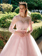 Abito da ballo in tulle con scollo a U, pizzo e maniche lunghe per cerimonie