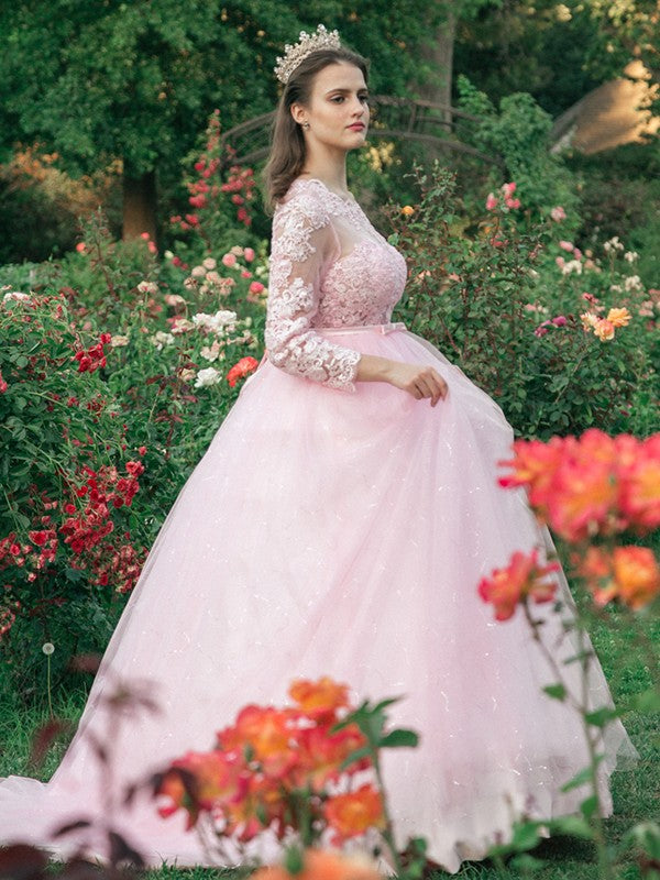 Abito da ballo in tulle con scollo a U, pizzo e maniche lunghe per cerimonie
