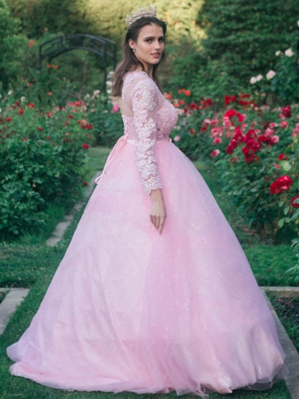 Abito da ballo in tulle con scollo a U, pizzo e maniche lunghe per cerimonie