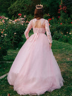 Abito da ballo in tulle con scollo a U, pizzo e maniche lunghe per cerimonie