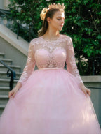 Abito da ballo in tulle con scollo a U, pizzo e maniche lunghe per cerimonie