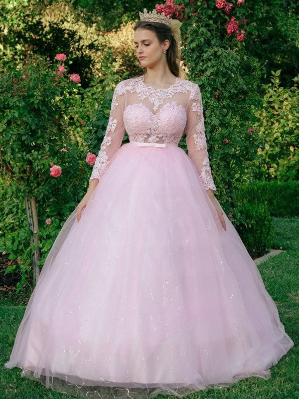Abito da ballo in tulle con scollo a U, pizzo e maniche lunghe per cerimonie