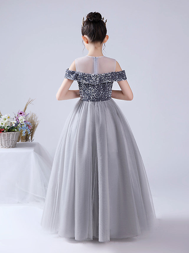 Ball Gown Tulle Sequined Off The Shoulder Jewel Neck Party Birthday Flower Girl Dresses