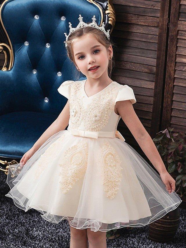 NumberSea - Ball Gown Tulle Short Sleeve V Neck Wedding Party Flower Girl Dresses