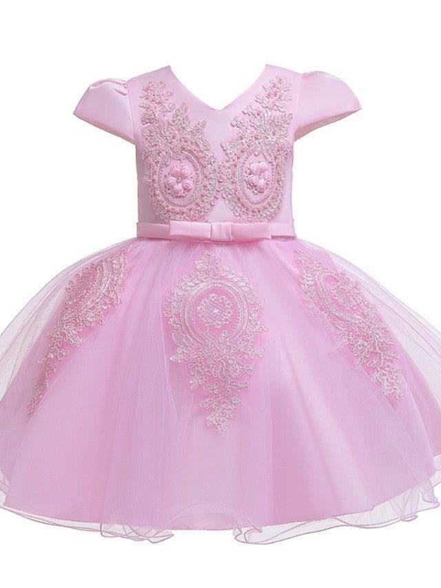 Tulle V Neck Short Sleeve Ball Gown Flower Girl Wedding Dress With Appliques - photo 6