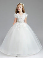 NumberSea - Ball Gown Tulle Short Sleeve V Neck Wedding Party Flower Girl Dresses